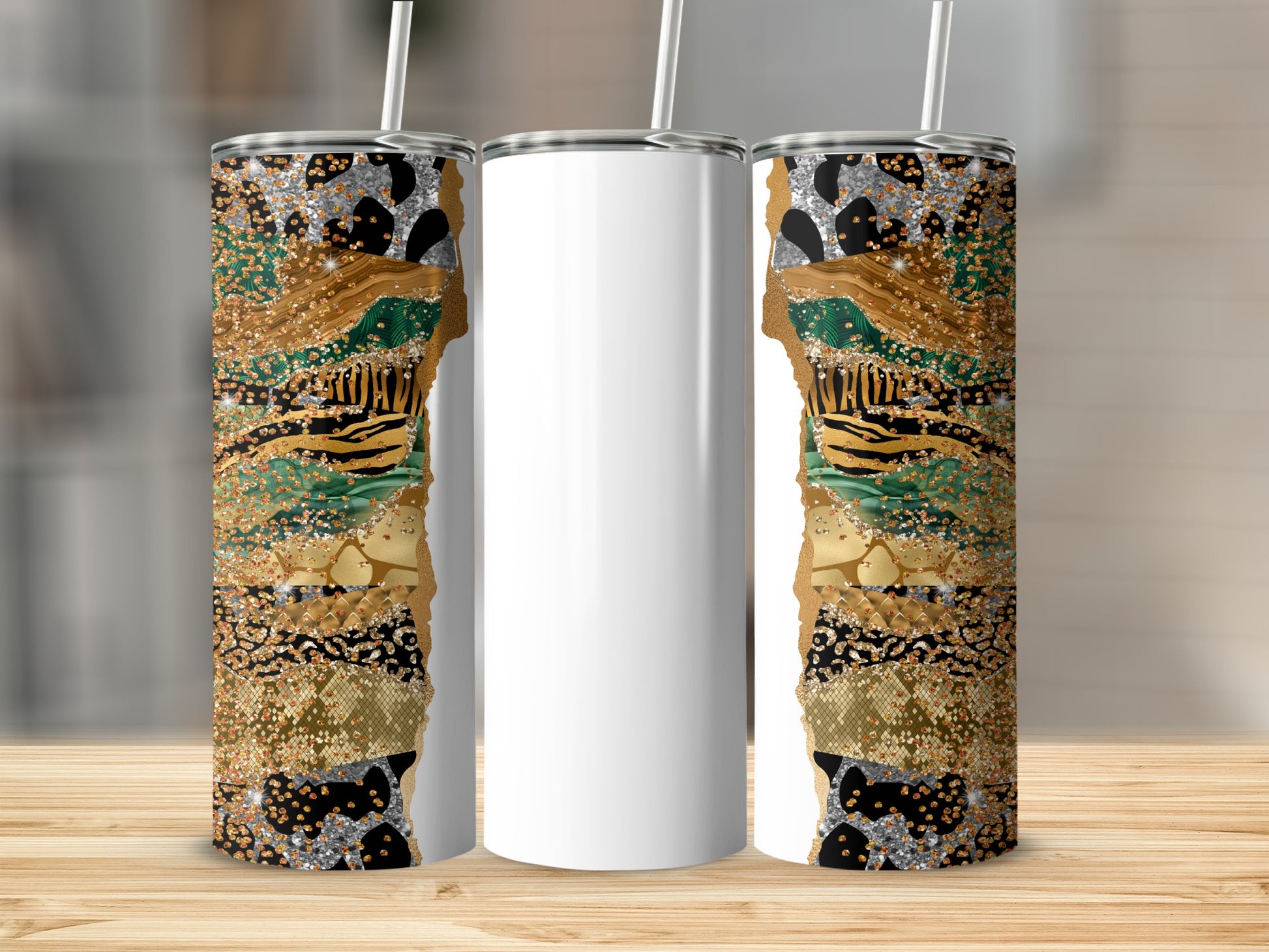 White tumbler with gold, black, and animal print patterned wrap on a wooden surface.
