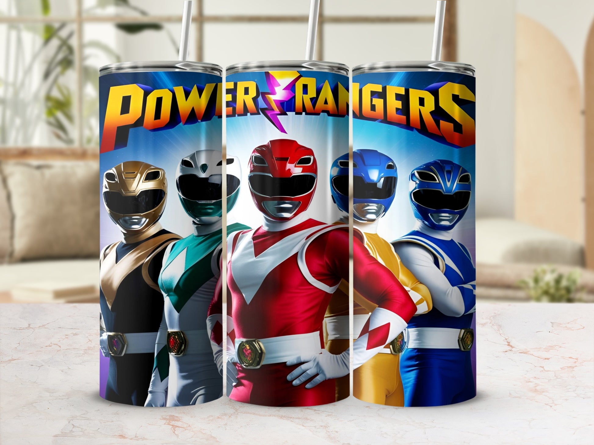 Power Rangers rangers in their colored suits standing together.