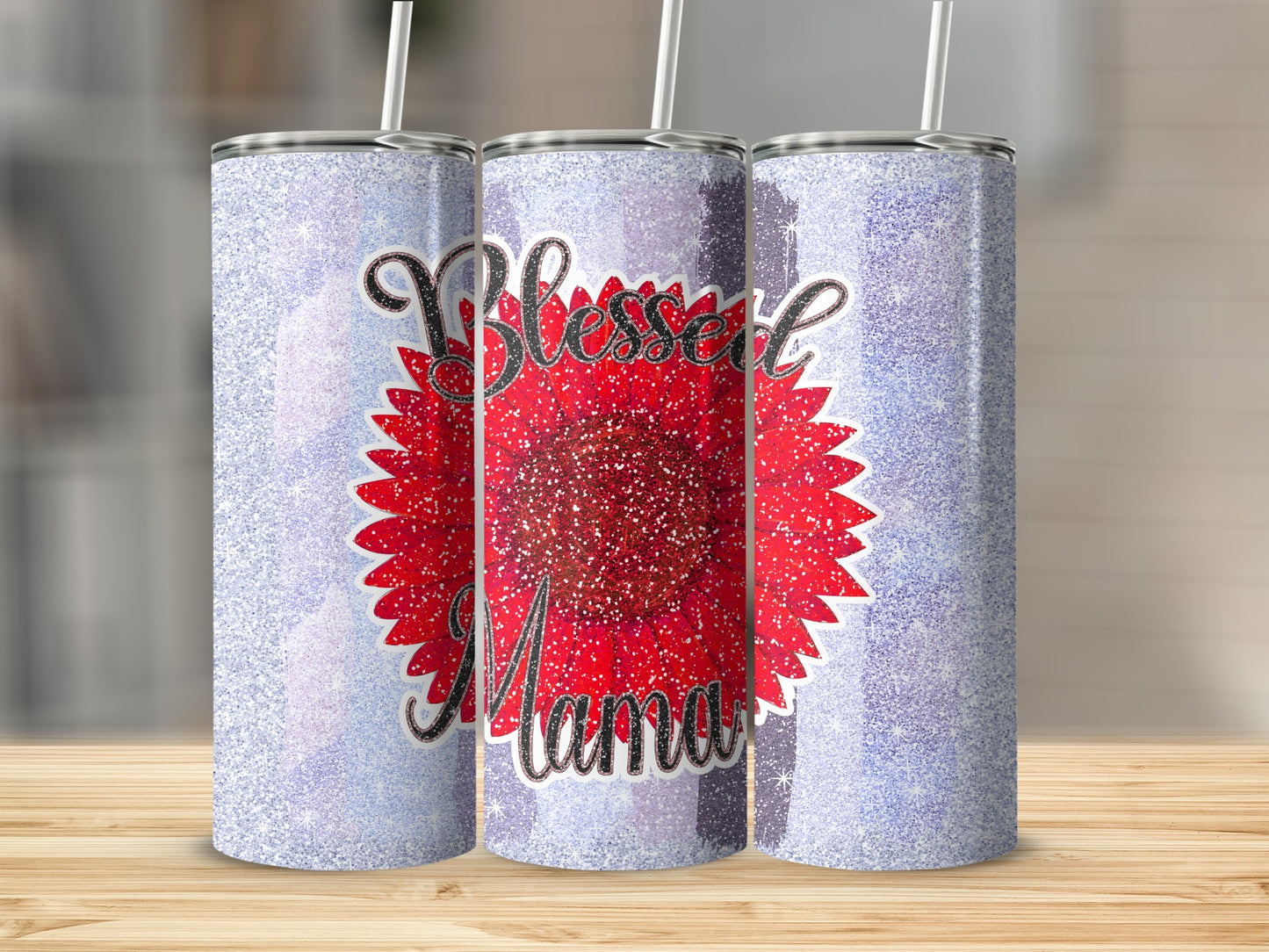 Blessed Mama Glitter Sunflower Design Tumbler