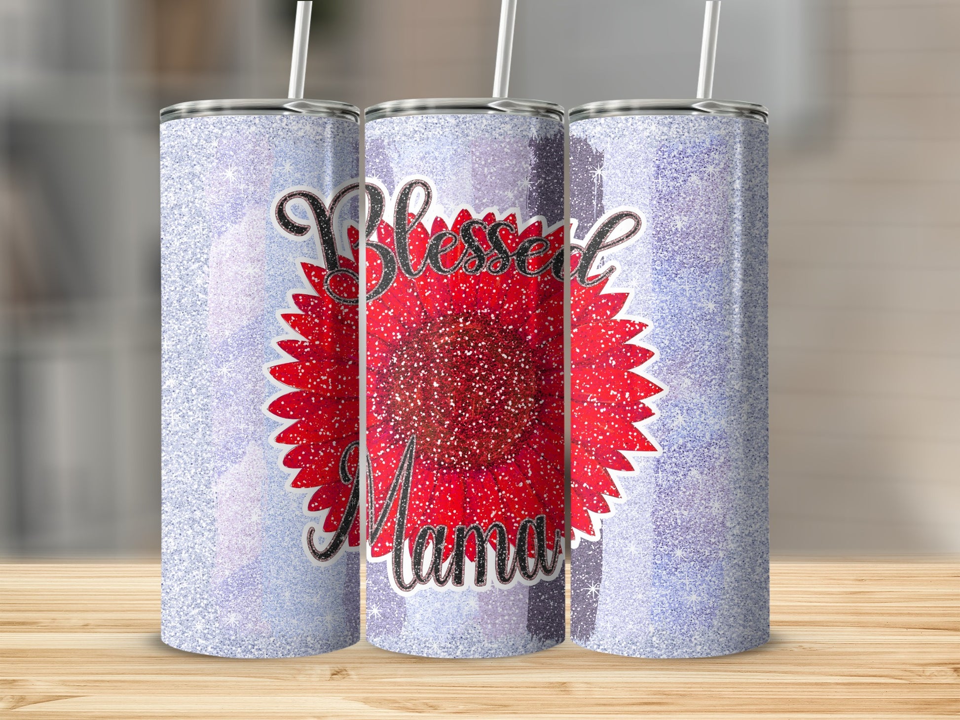 Blessed Mama Glitter Sunflower Design Tumbler