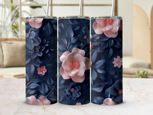 Dark navy tumbler with pink and blue floral pattern.