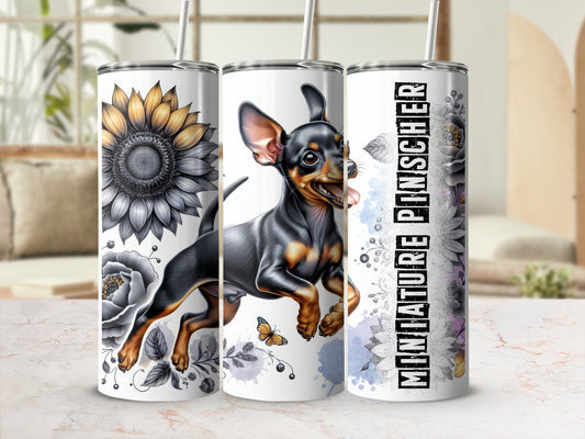 Miniature Pinscher dog with sunflower and floral pattern on a tumbler.