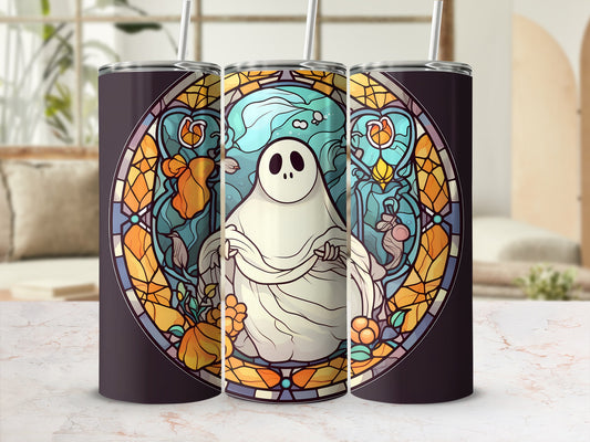 Tumbler with a stained-glass style ghost and floral design.