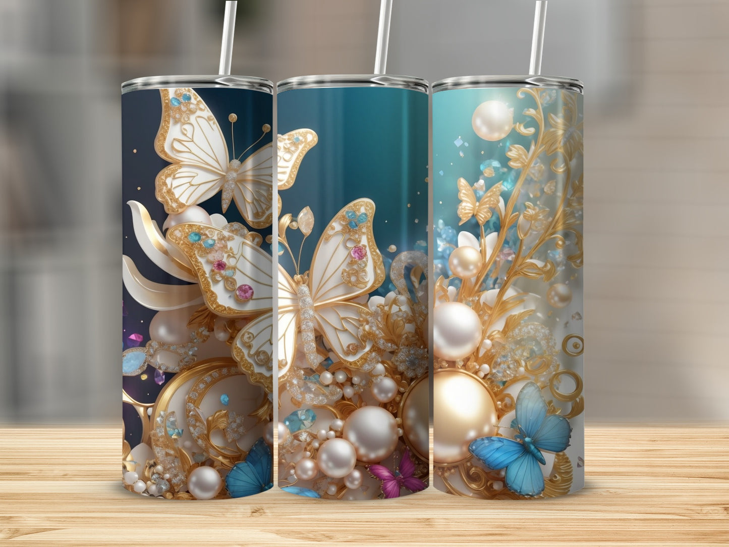 Elegant Butterfly and Pearl Themed Tumbler Cup Product