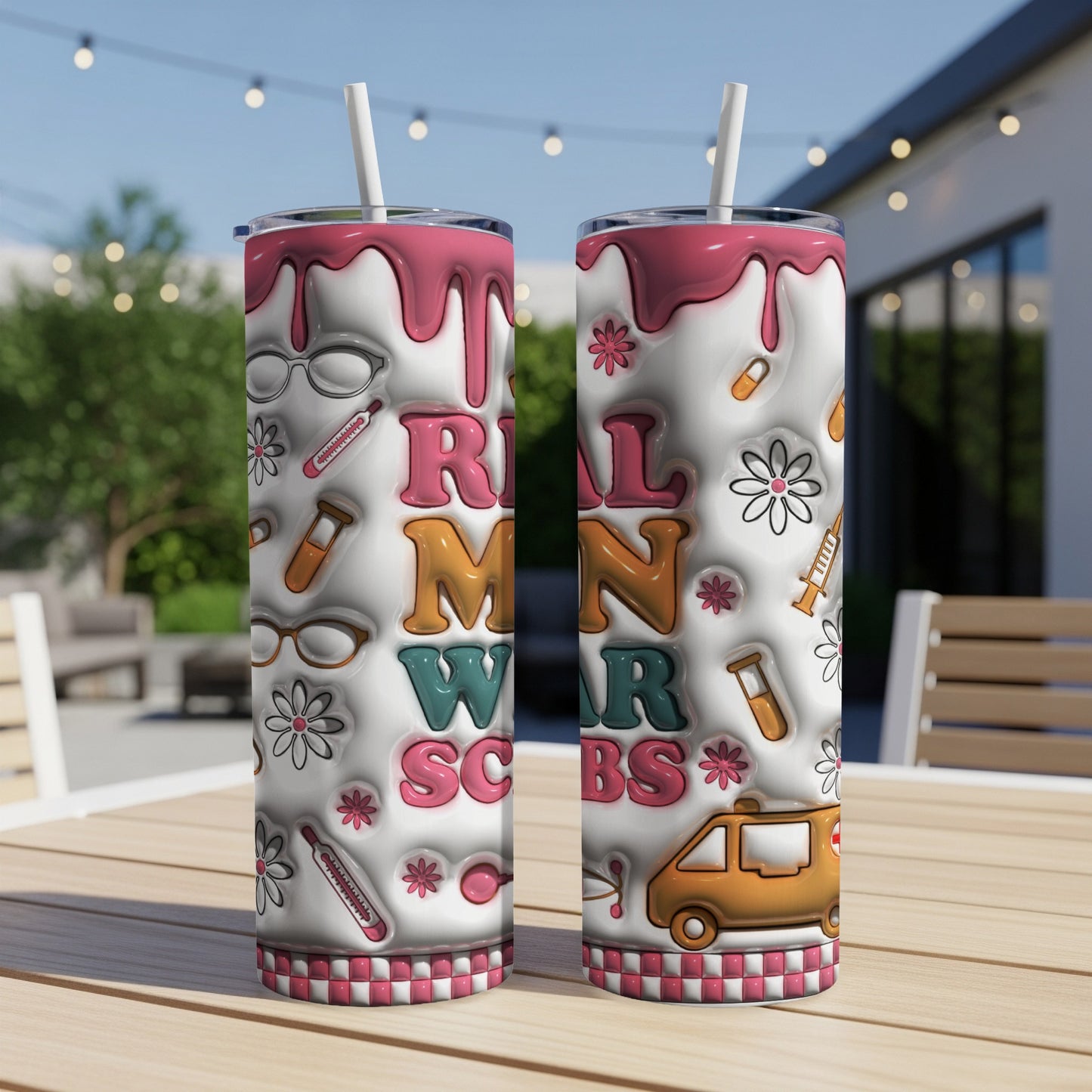 Two tumblers with "REAL MEN SCRUBS" text and medical imagery.