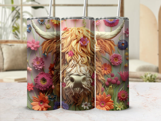 Highland cow with flowers on a tumbler.