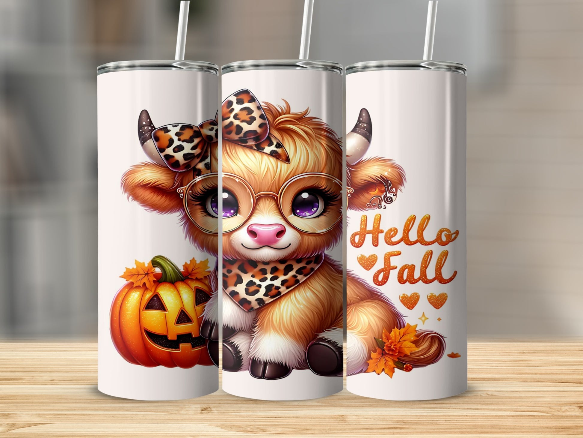 Cute Cow with Pumpkin and Hello Fall Design Tumbler