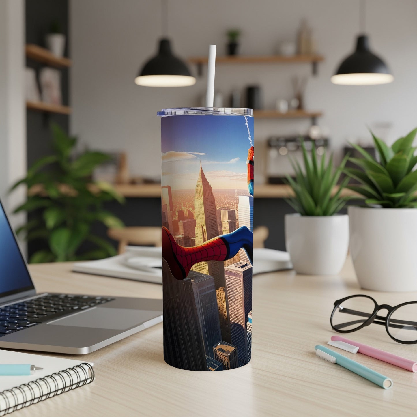 Spider-Man on a city skyscraper with a straw on a tumbler.