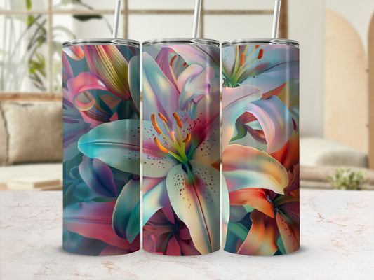 Three tumblers with iridescent lily flower design on a marble surface.