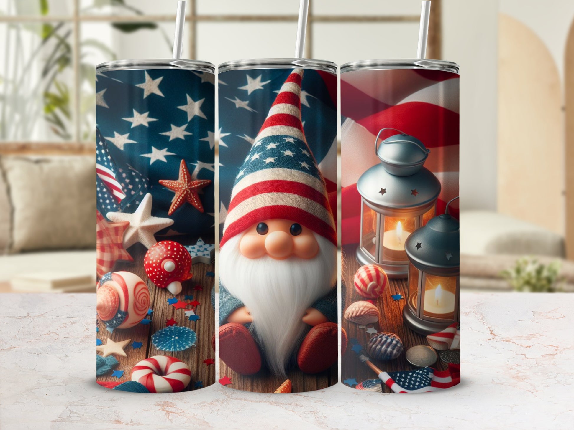 Fourth of July gnome with American flag and patriotic decorations.