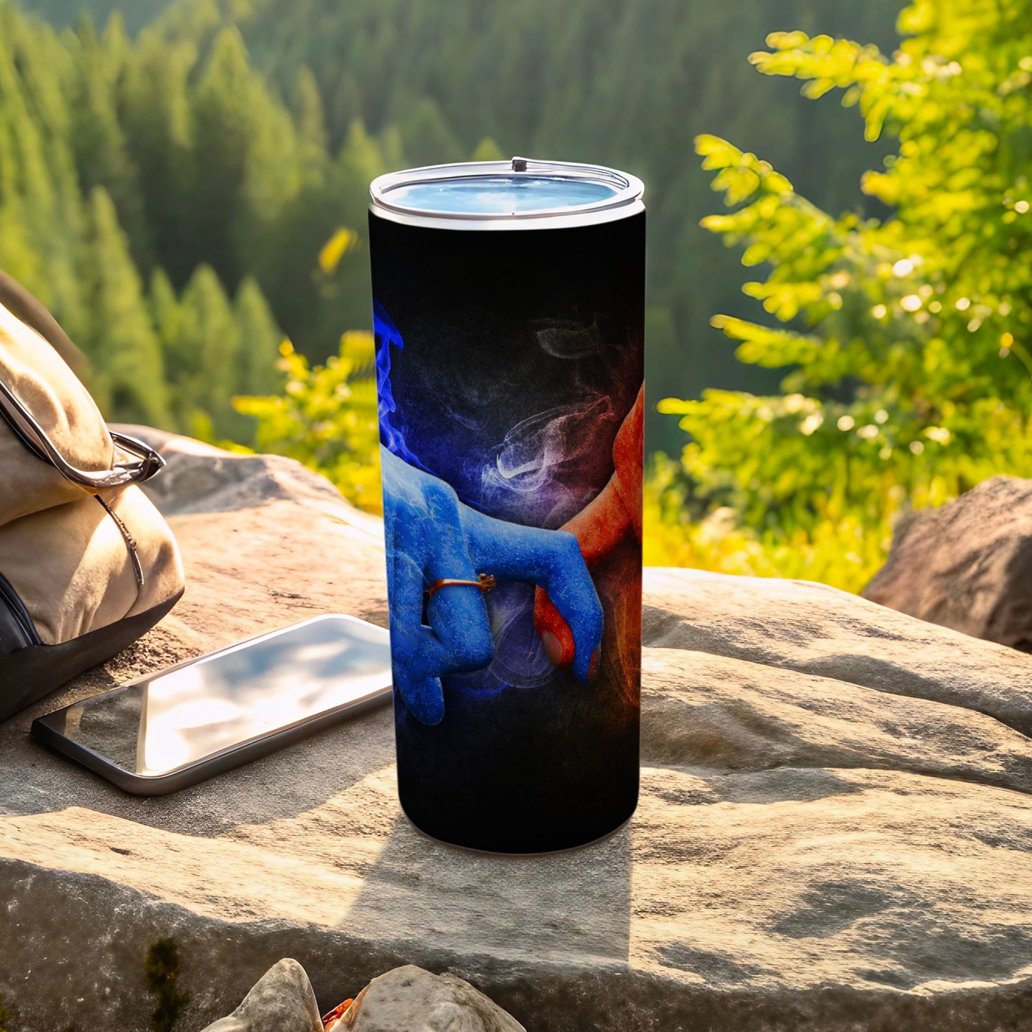 Blue Red Hands Intertwined Smoke Design Ring Art Tumbler