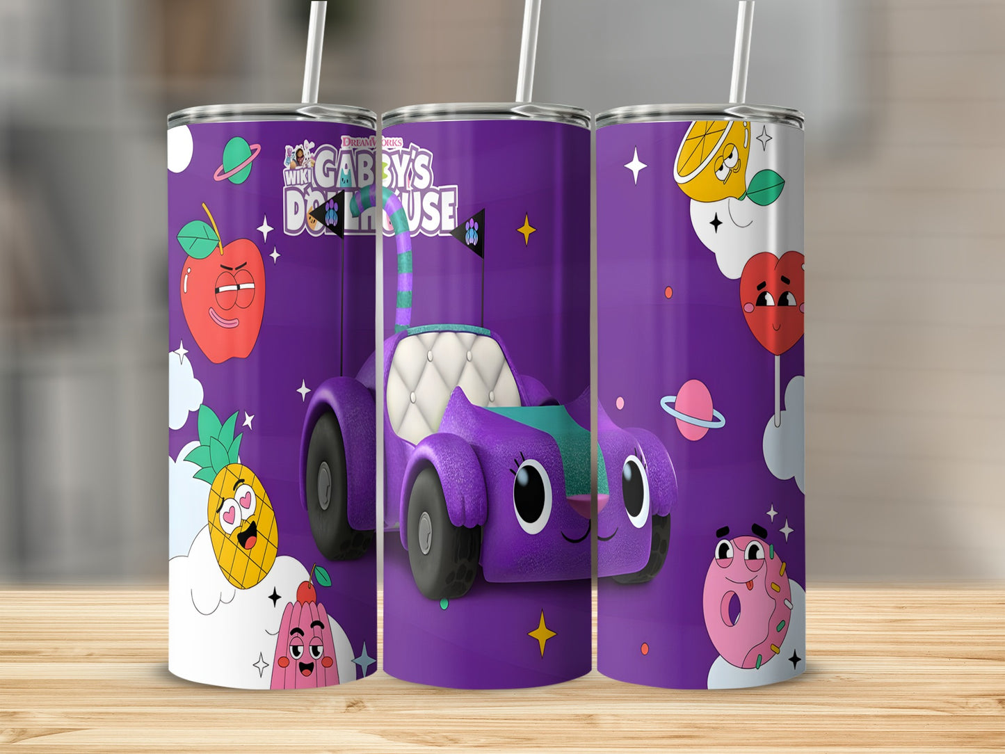 Gabby's Dollhouse purple cat car with colorful character illustrations on a tumbler.
