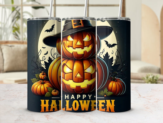 Three tumblers with jack-o'-lanterns, bats, and "Happy Halloween" text.