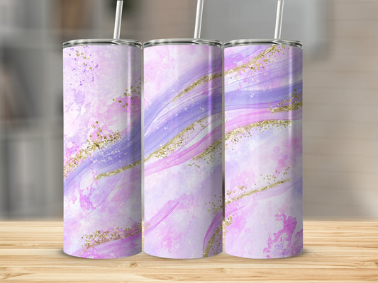 Three tumblers with a marbled pink and purple design and gold glitter accents.