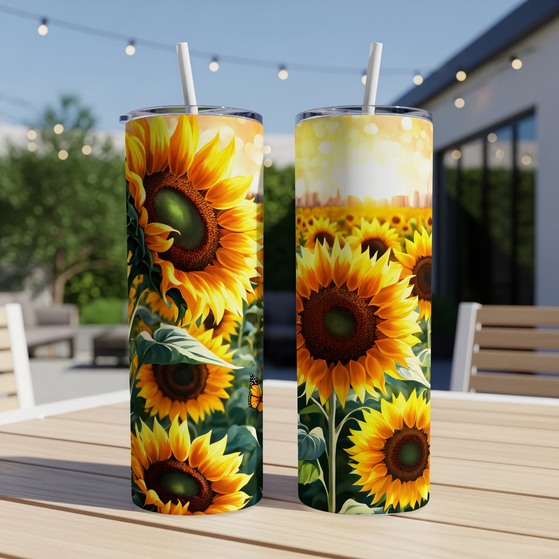 Two tumblers displaying sunflowers and a butterfly, with a blurred background.