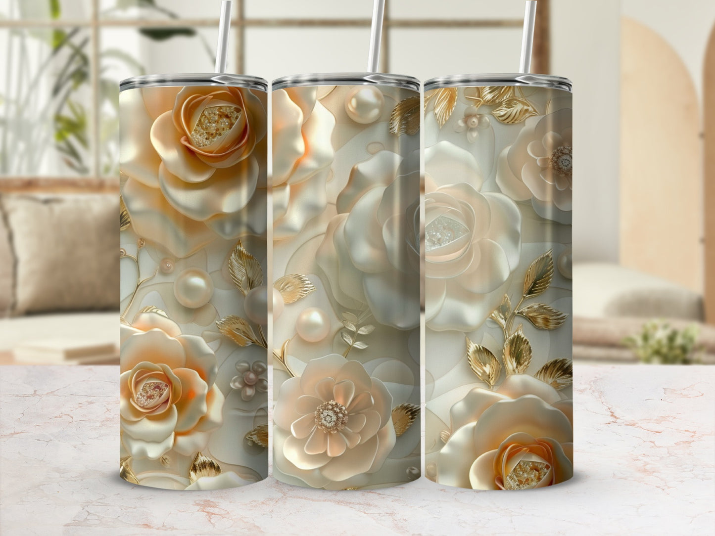 Floral pattern with roses and pearls on a textured tumbler.