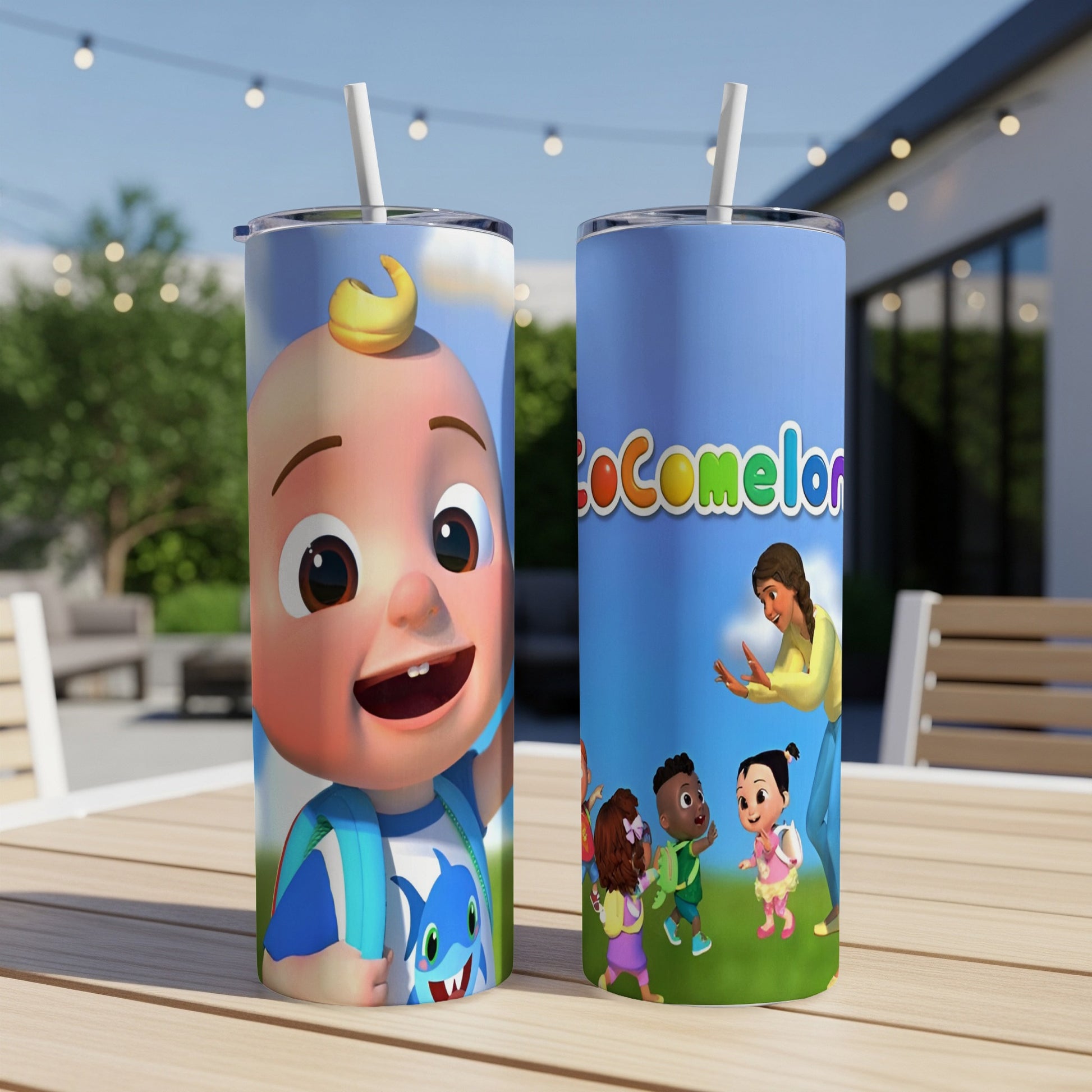 Cocomelon characters on blue tumblers with straws, one with JJ smiling.