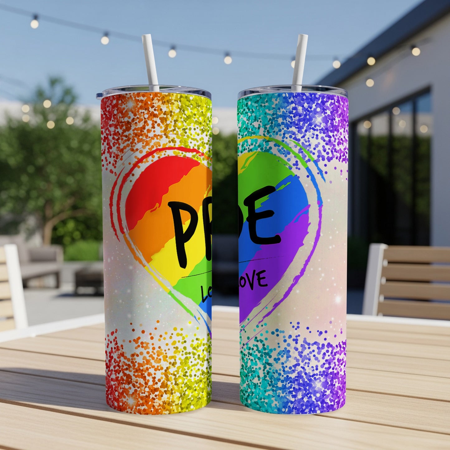 Pride heart tumbler with rainbow glitter and text "Pride Love".