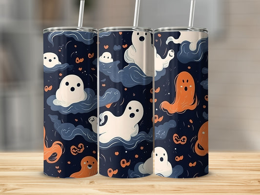 Three tumblers with a dark blue background and a pattern of white and orange ghosts.