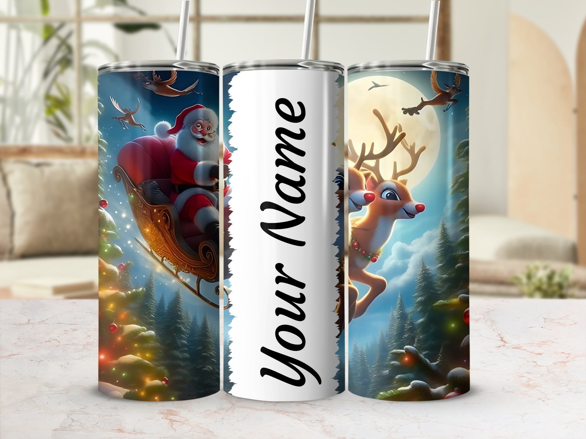 Personalized Christmas Santa and Reindeer Drink Tumbler