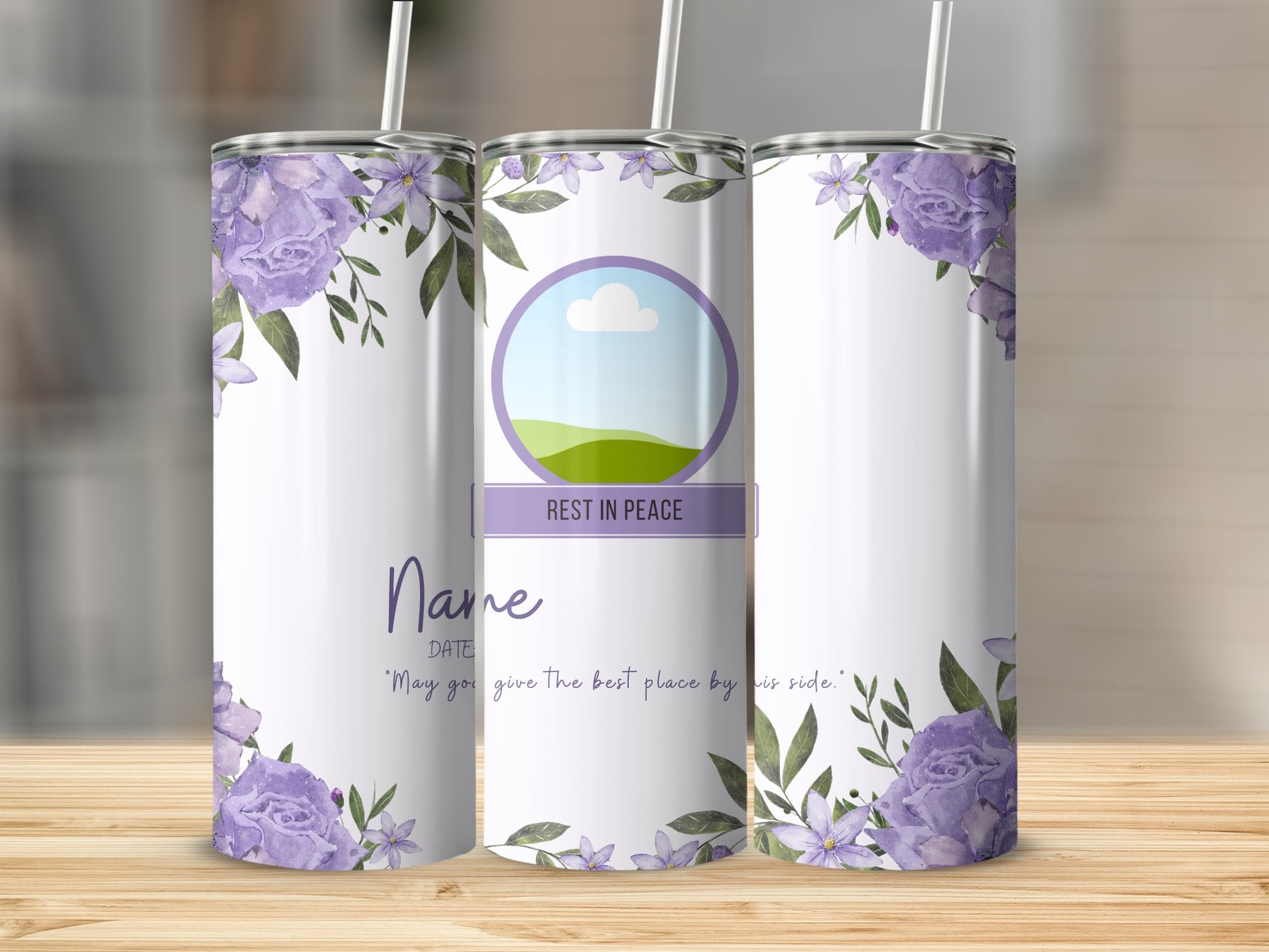 White tumbler with purple floral design, "Rest in Peace," and memorial text.