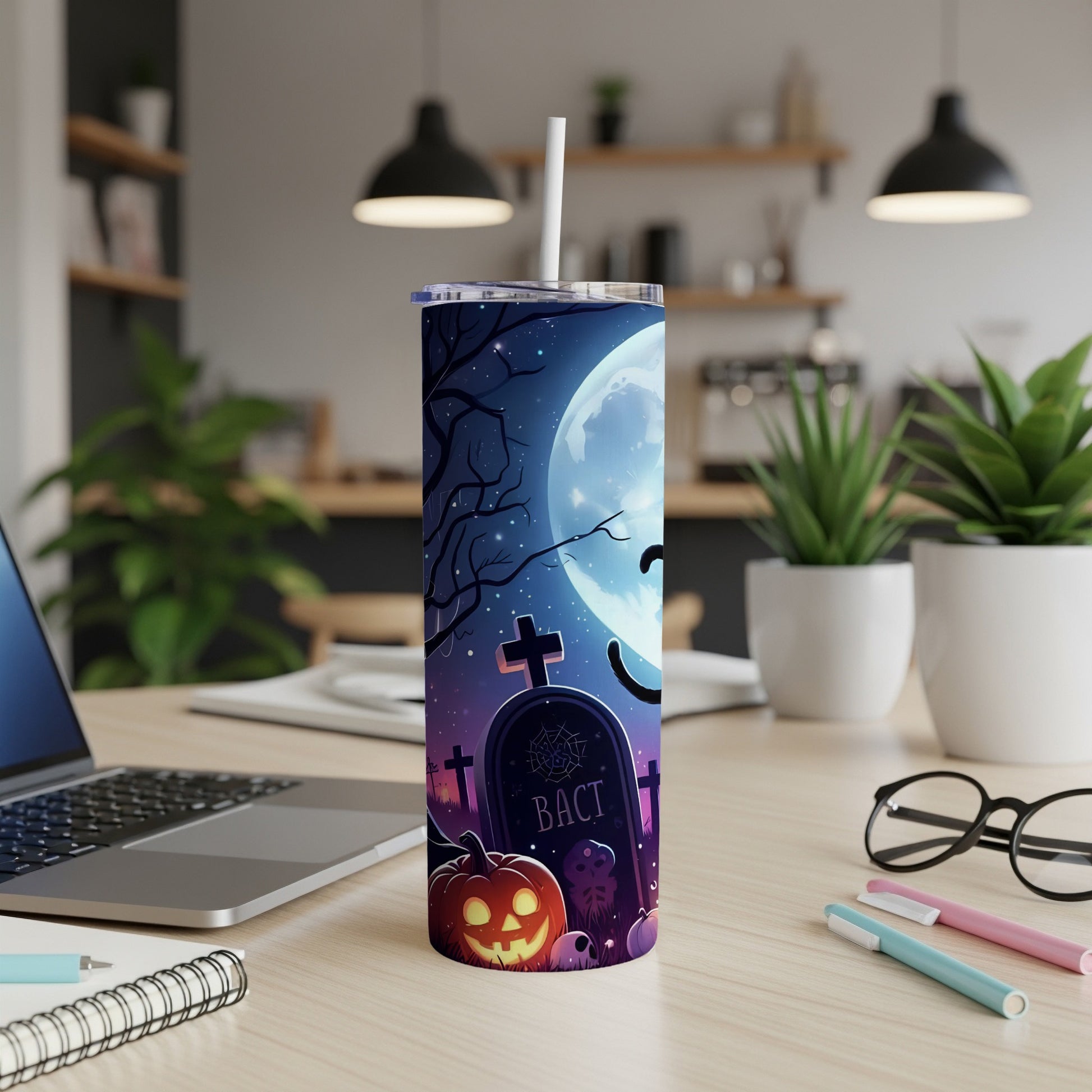 Tall tumbler with a Halloween graveyard, jack-o'-lantern, and full moon design.
