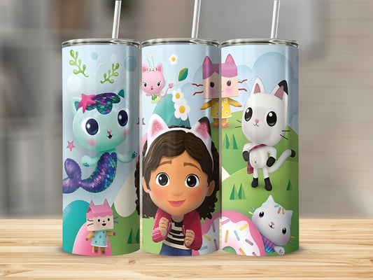 Gabby's Dollhouse tumblers with Gabby and her cat friends, Pandy Paws, Cakey Cat, and DJ Catnip.