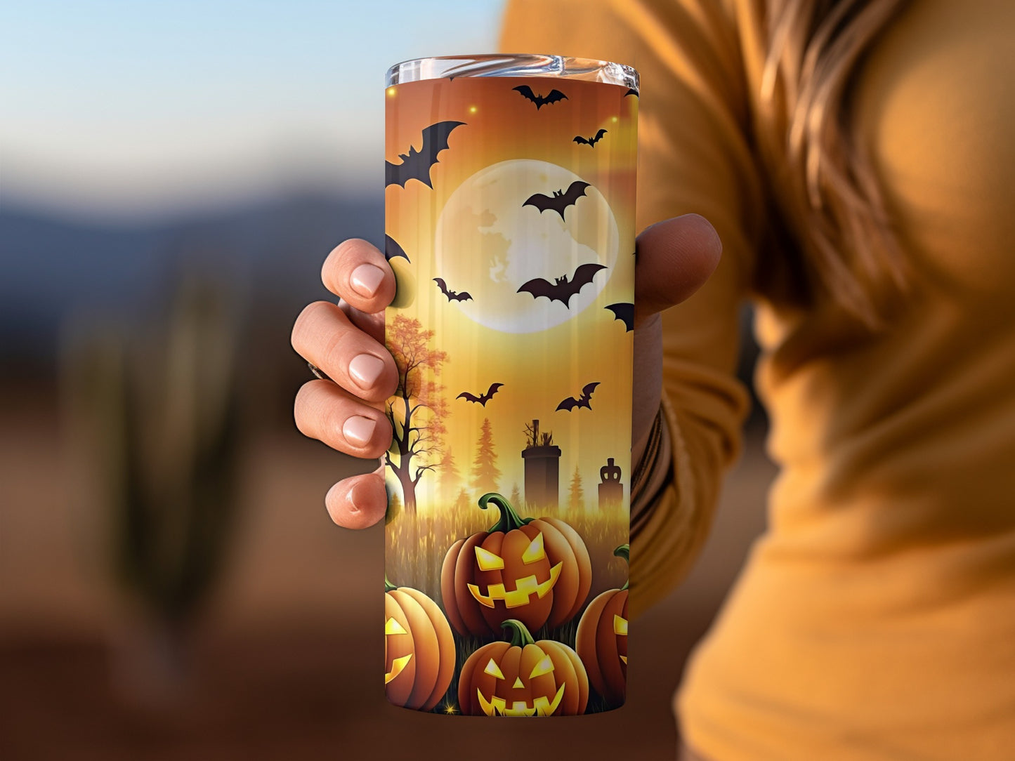 Halloween Scenic Bats and Pumpkins Tumbler Product