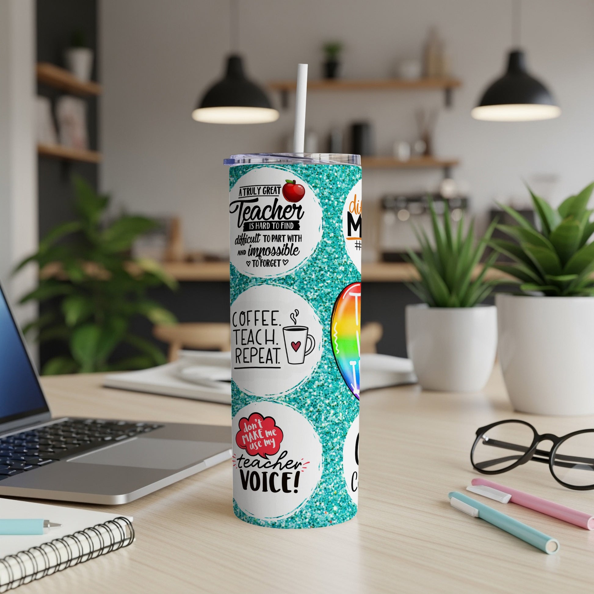 Glittery tumbler with "Teacher" quotes, rainbow heart, and speech bubbles.