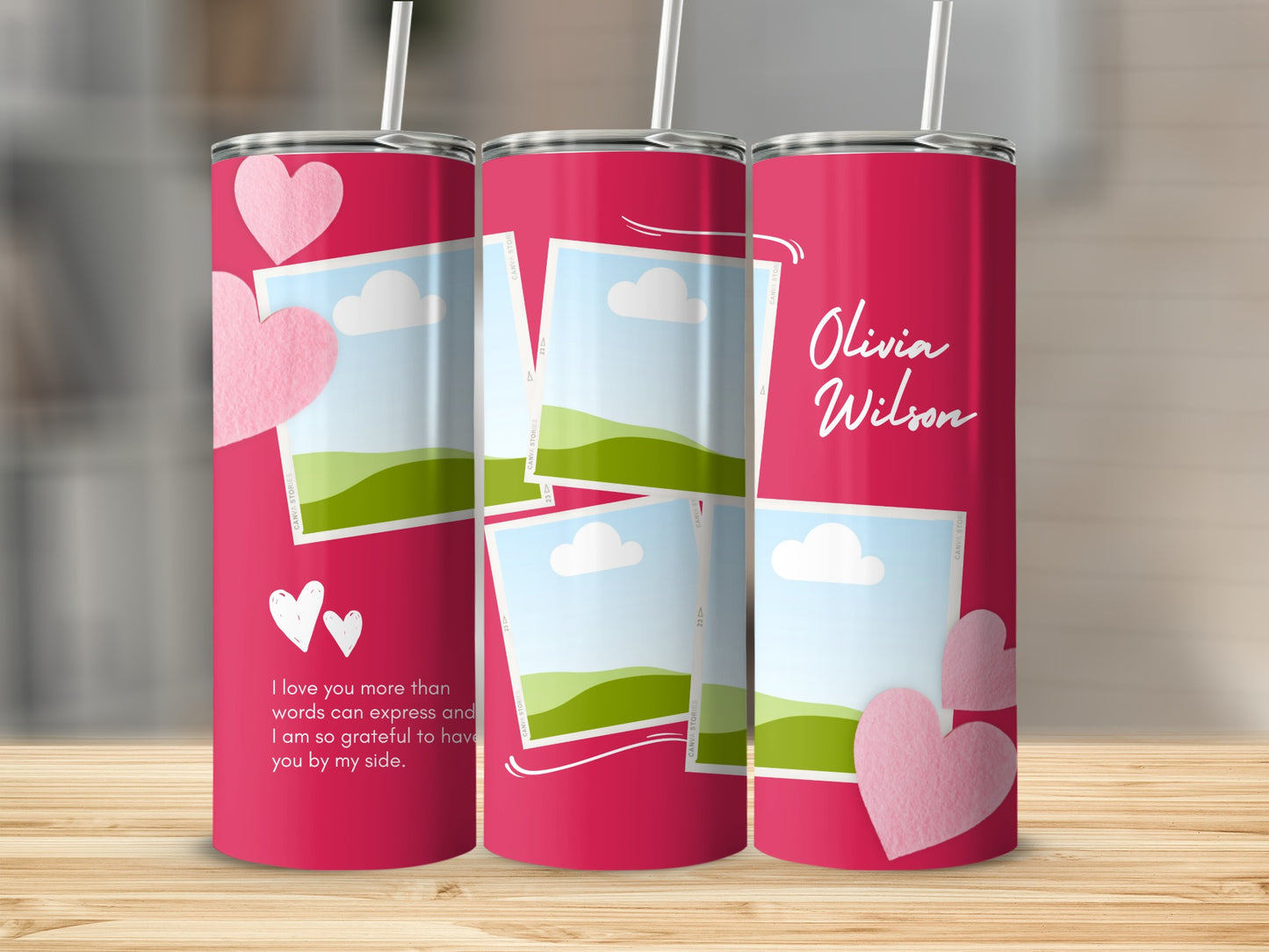 Pink tumbler with photos, hearts, and the text "Olivia Wilson."
