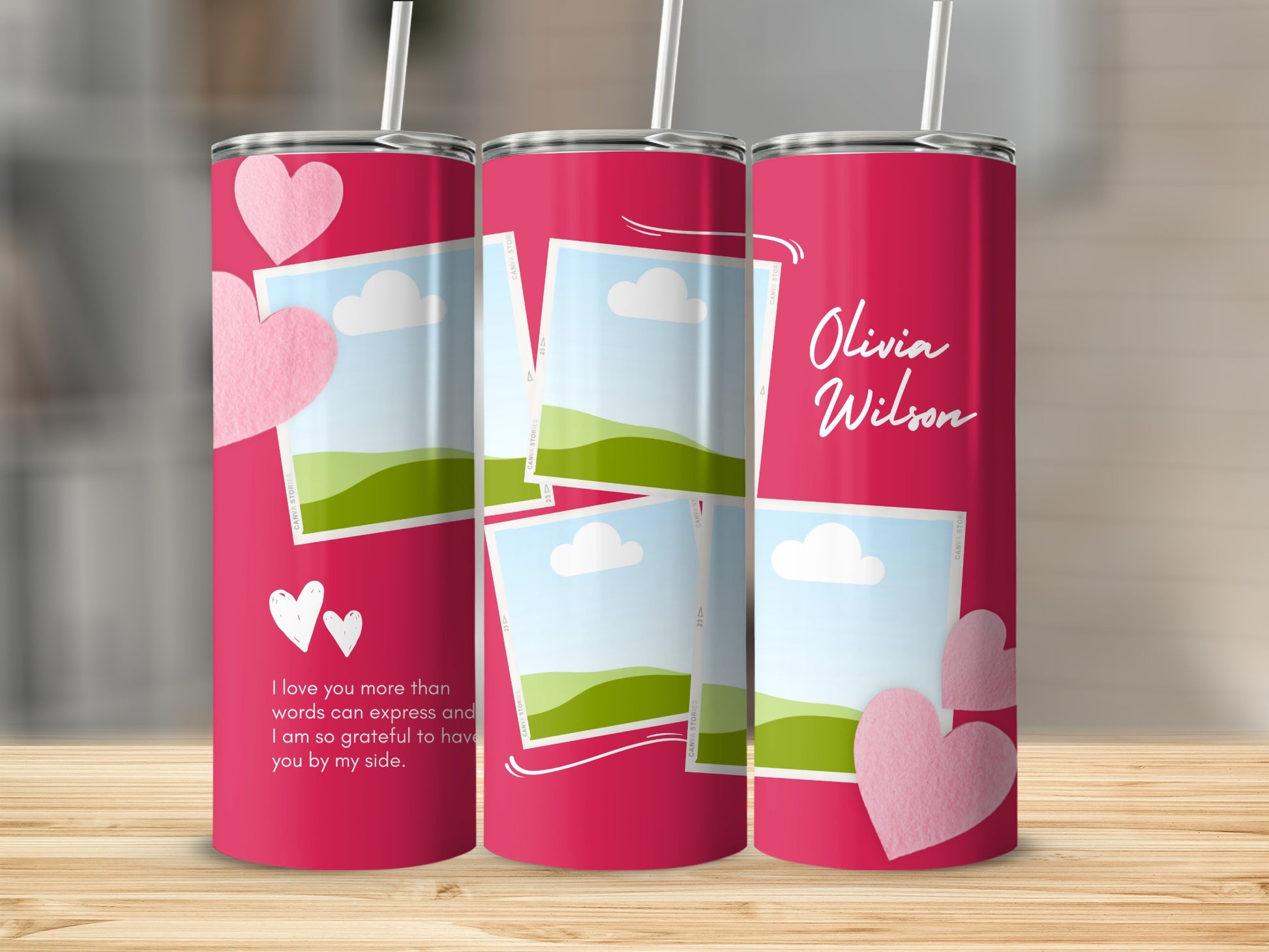 Pink tumbler with photos, hearts, and the text "Olivia Wilson."