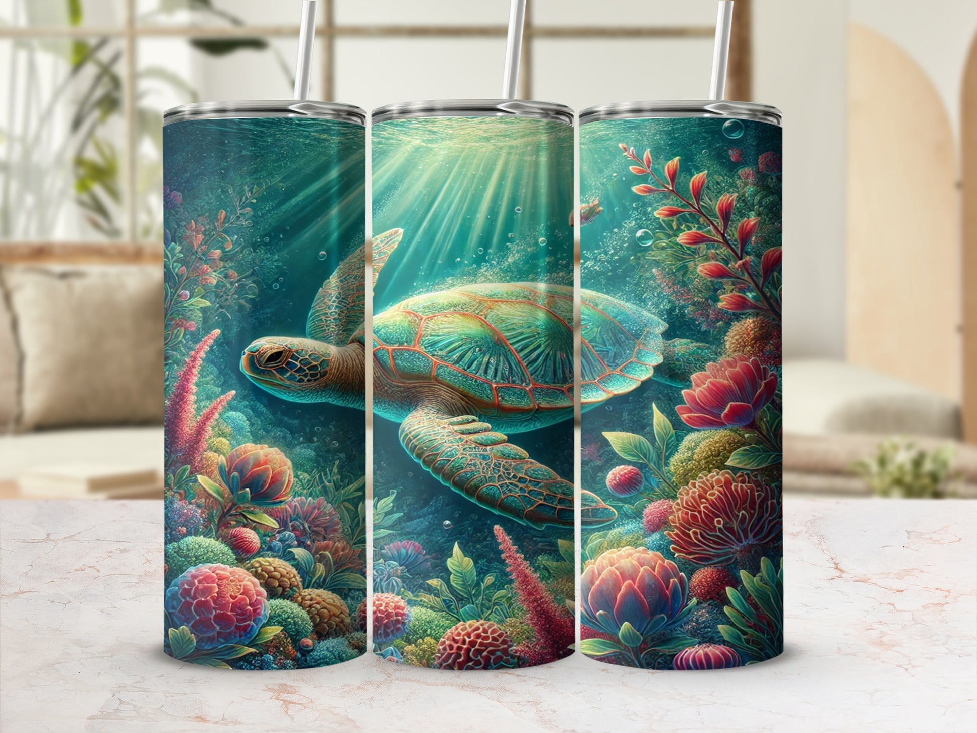 Underwater Sea Turtle and Coral Stainless Tumbler