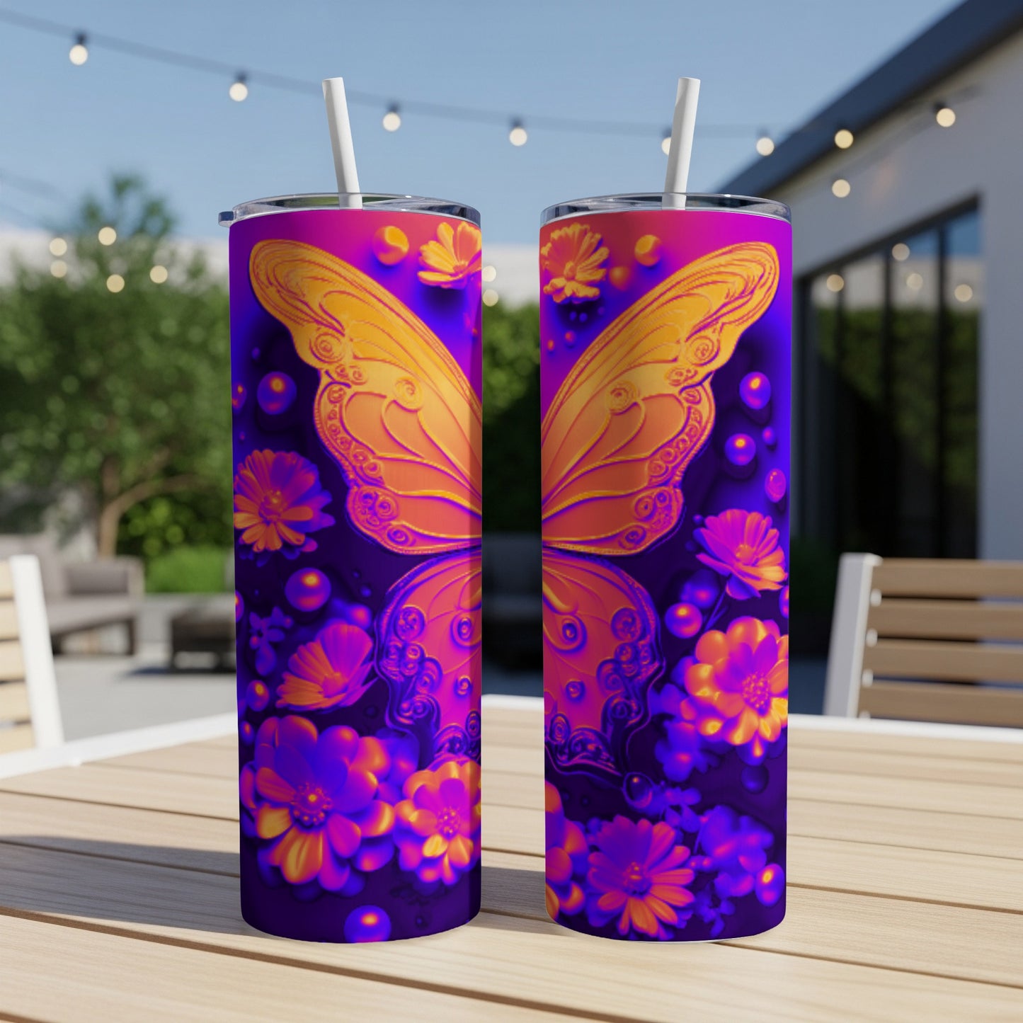 Two purple tumblers with orange butterfly and floral designs on a table.