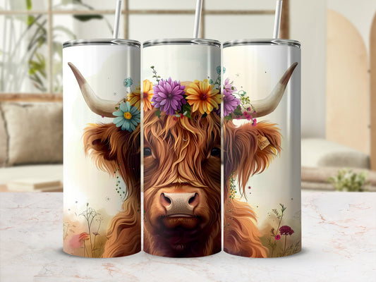 Highland cow with floral crown on a 20oz tumbler.