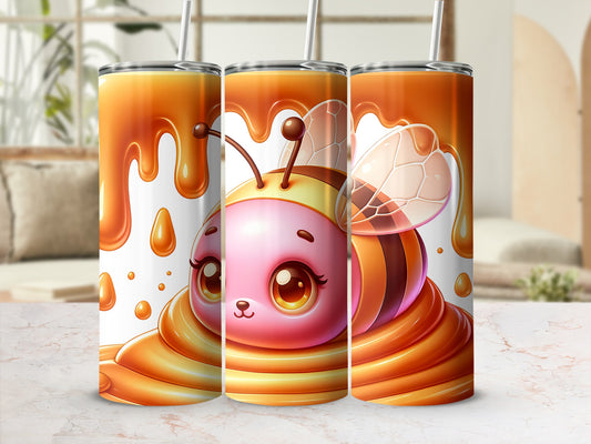 Cute cartoon bee character with honey dripping down its body.