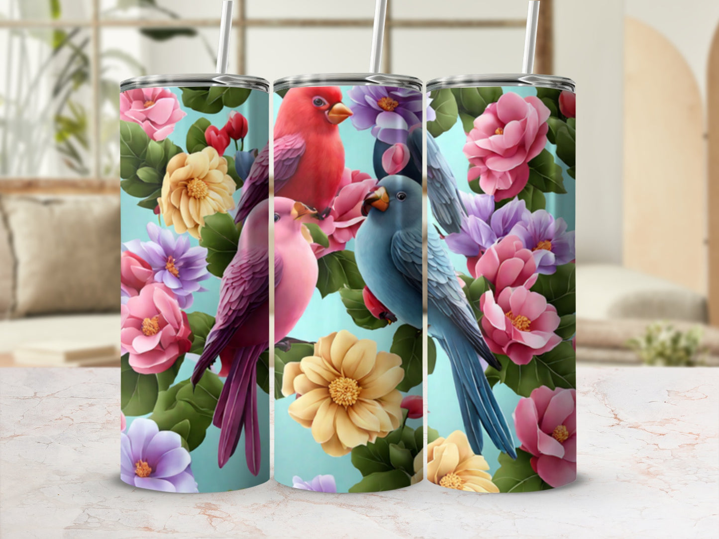 Pink and blue birds surrounded by colorful flowers and leaves.