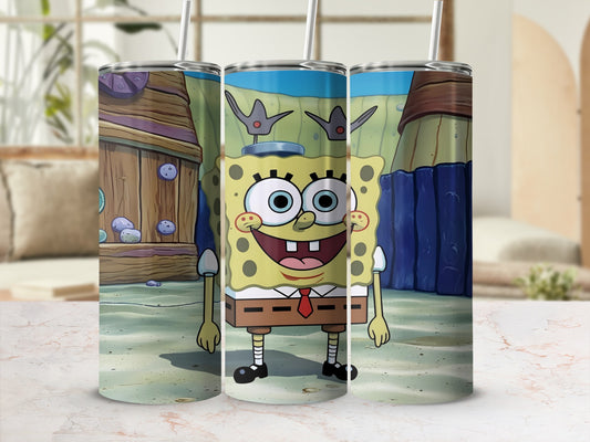 SpongeBob SquarePants character on a tumbler with a beach background.