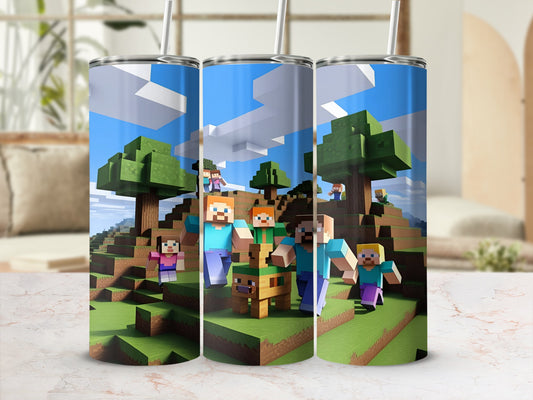 Minecraft characters in a blocky landscape on a tumbler.