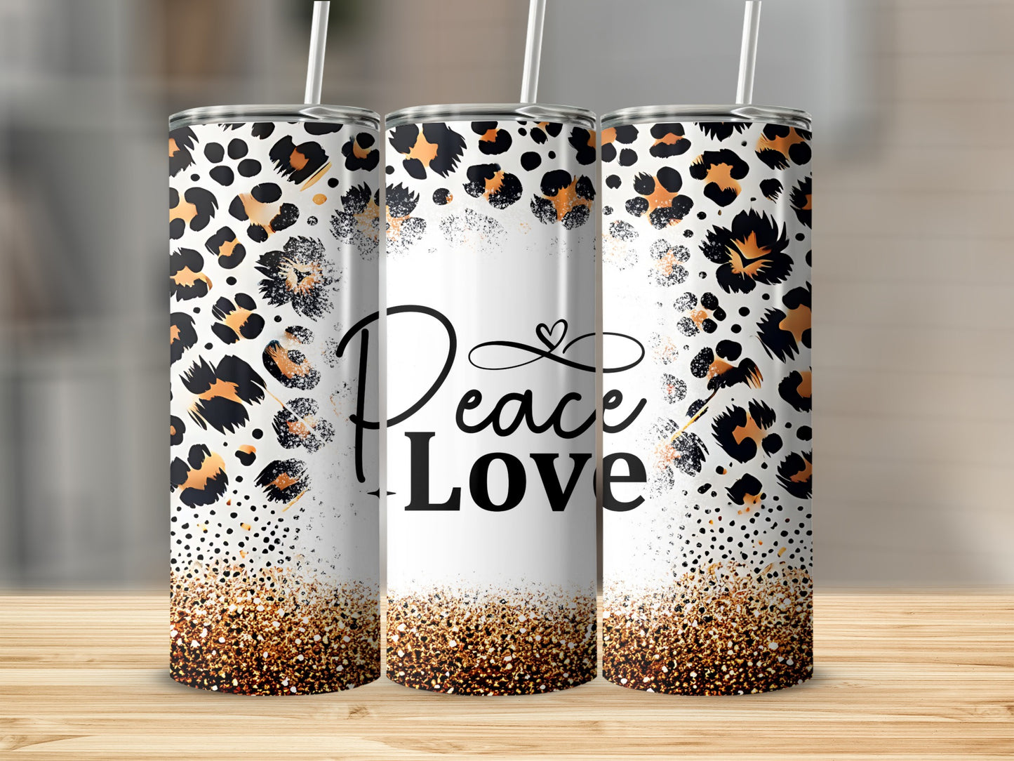 Leopard print tumbler with "Peace Love" text and glitter accents.