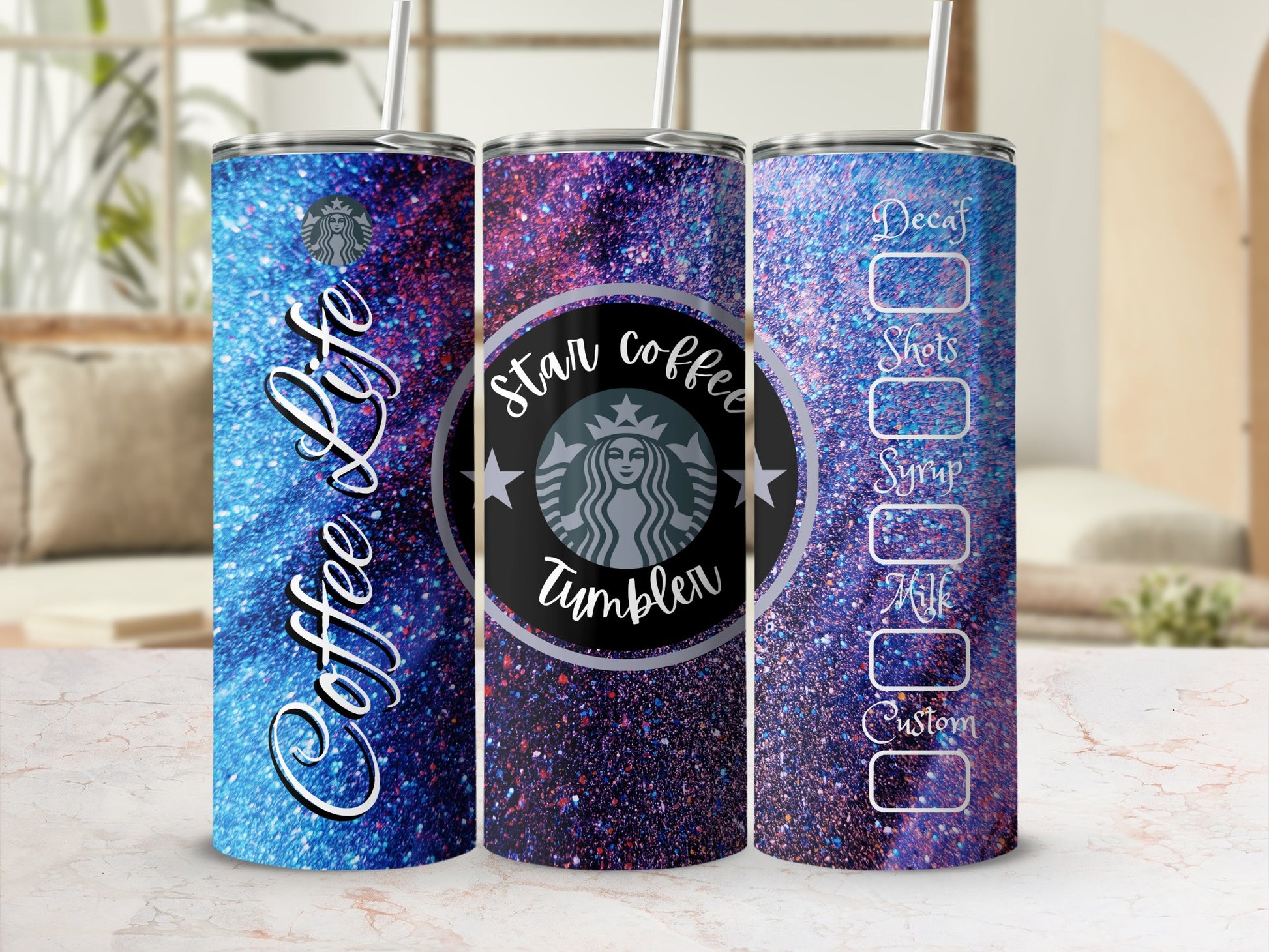 Star coffee tumbler glitter ombre design
