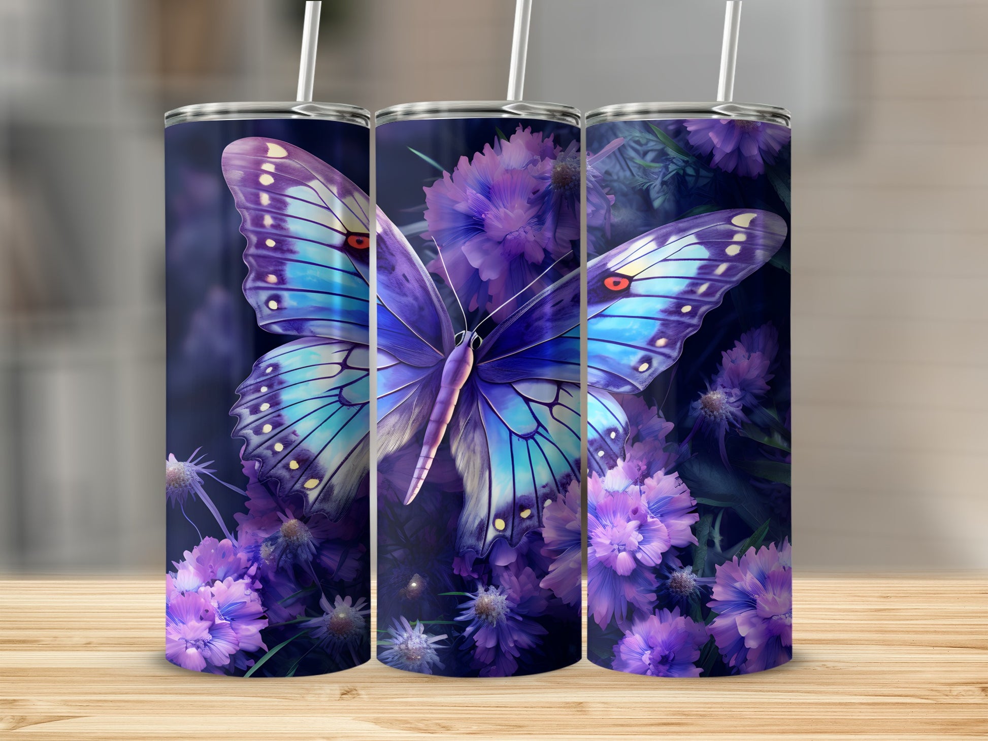 Blue butterfly on purple flowers tumbler.