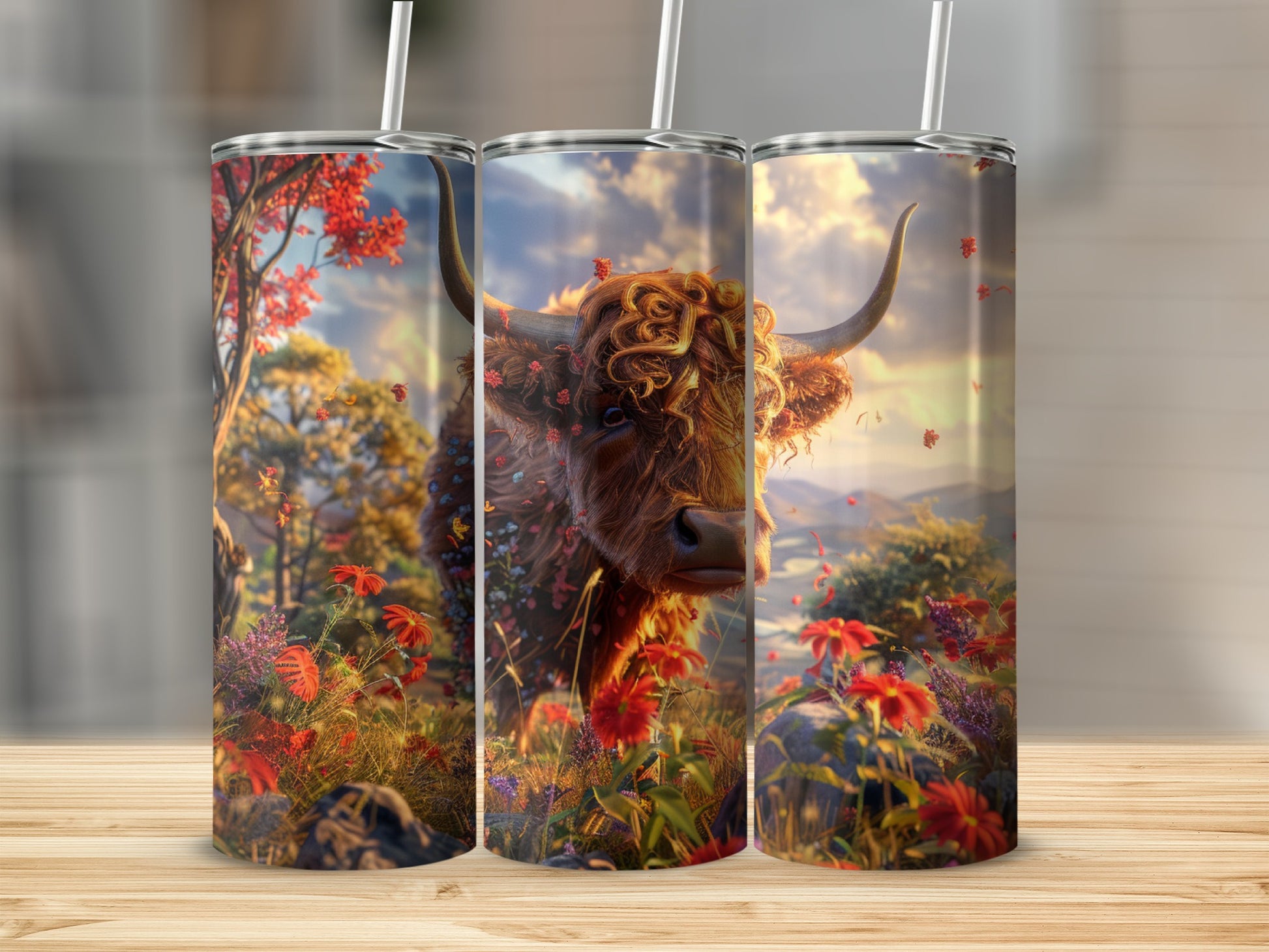 Highland cow with flowers on tumbler, set against a natural landscape background.