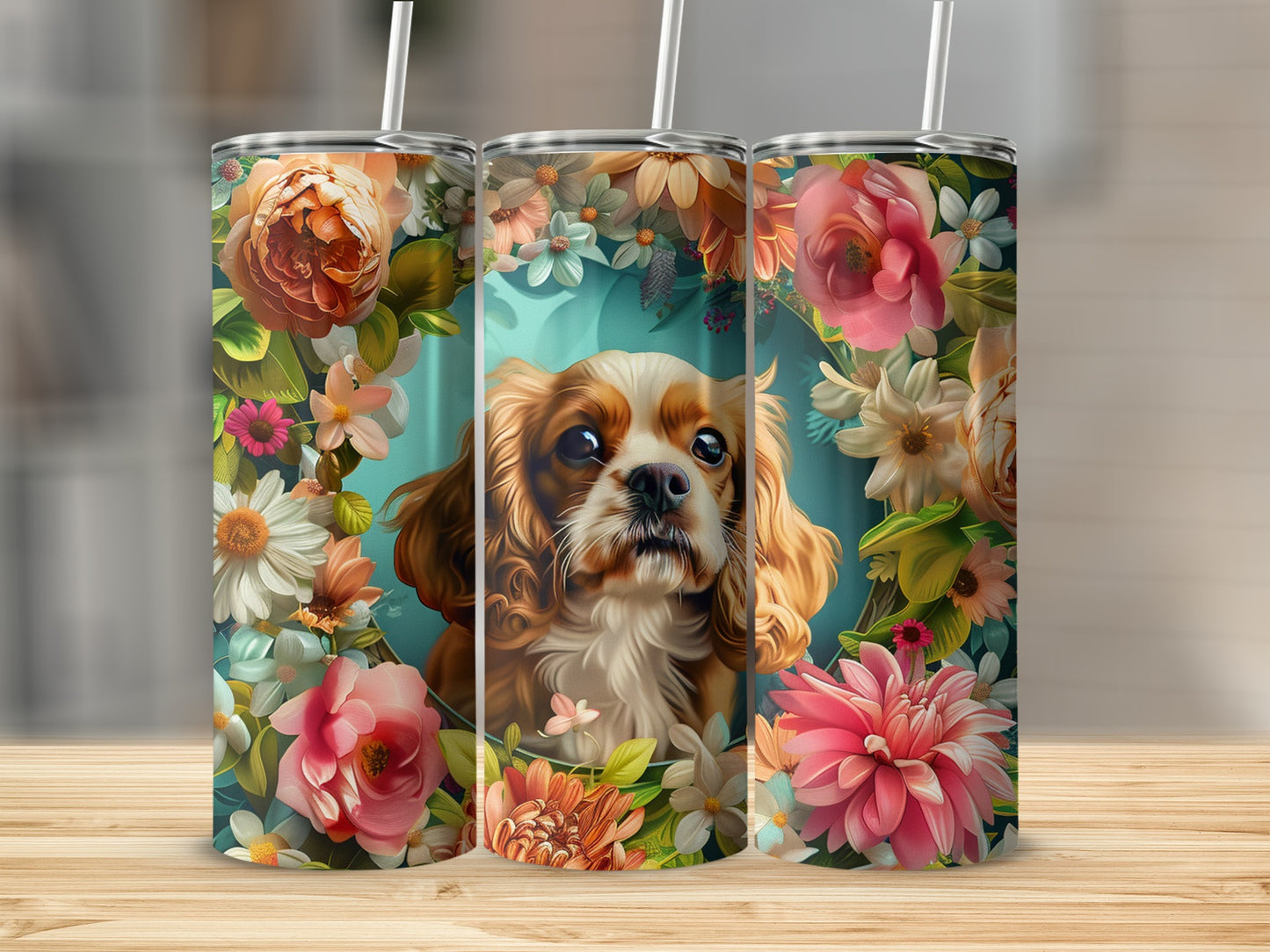 Three tumblers with floral designs and a Cavalier King Charles Spaniel portrait.