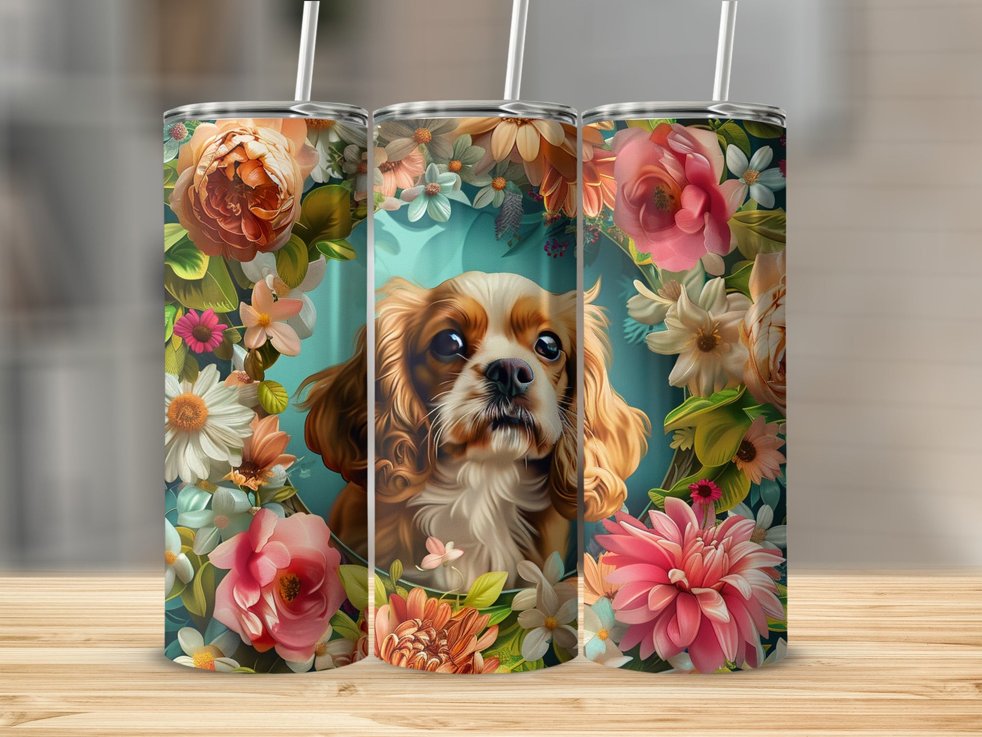 Three tumblers with floral designs and a Cavalier King Charles Spaniel portrait.