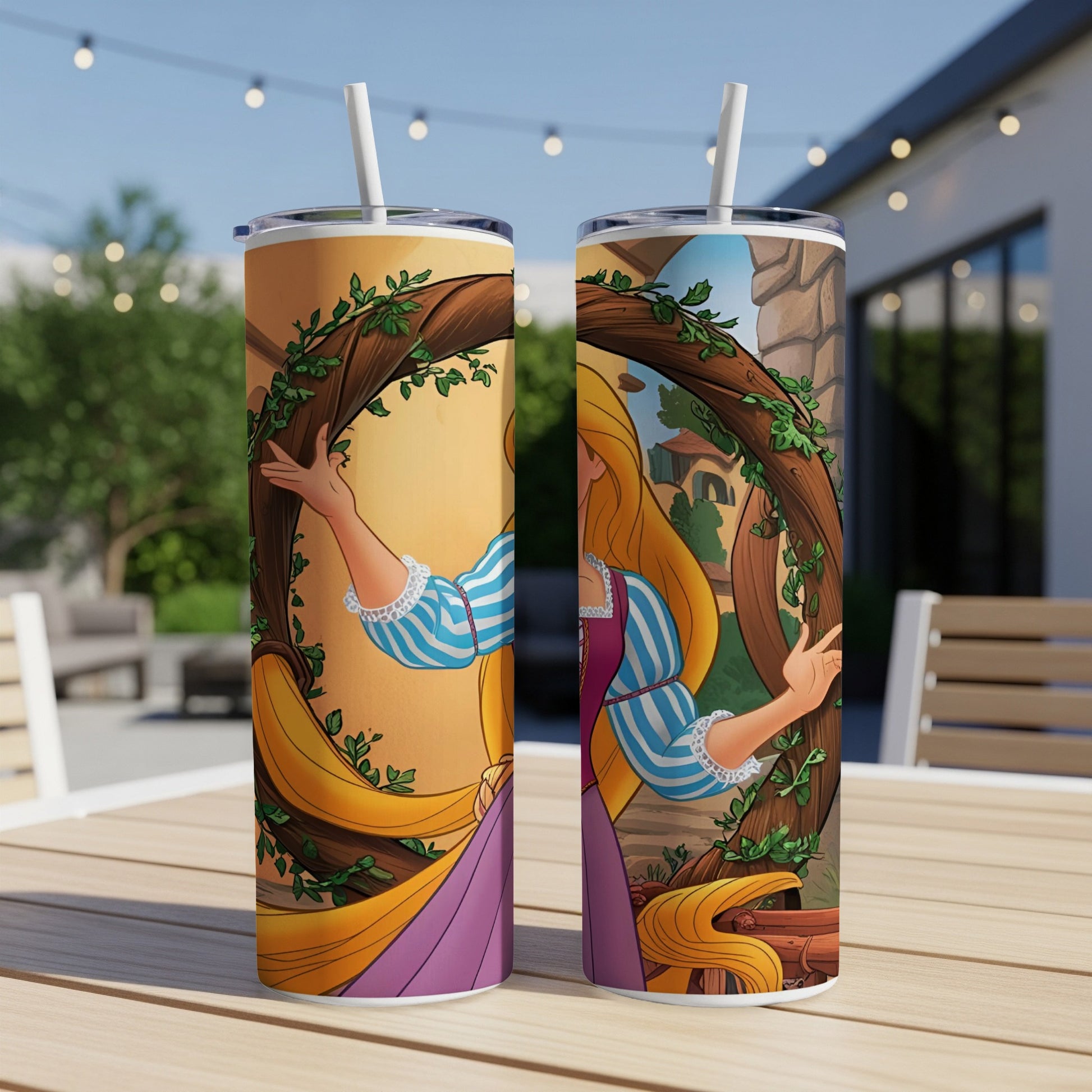 Two skinny tumblers featuring Rapunzel from Disney's Tangled.