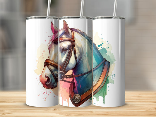 Watercolor illustration of a white horse head in a bridle on a white tumbler.