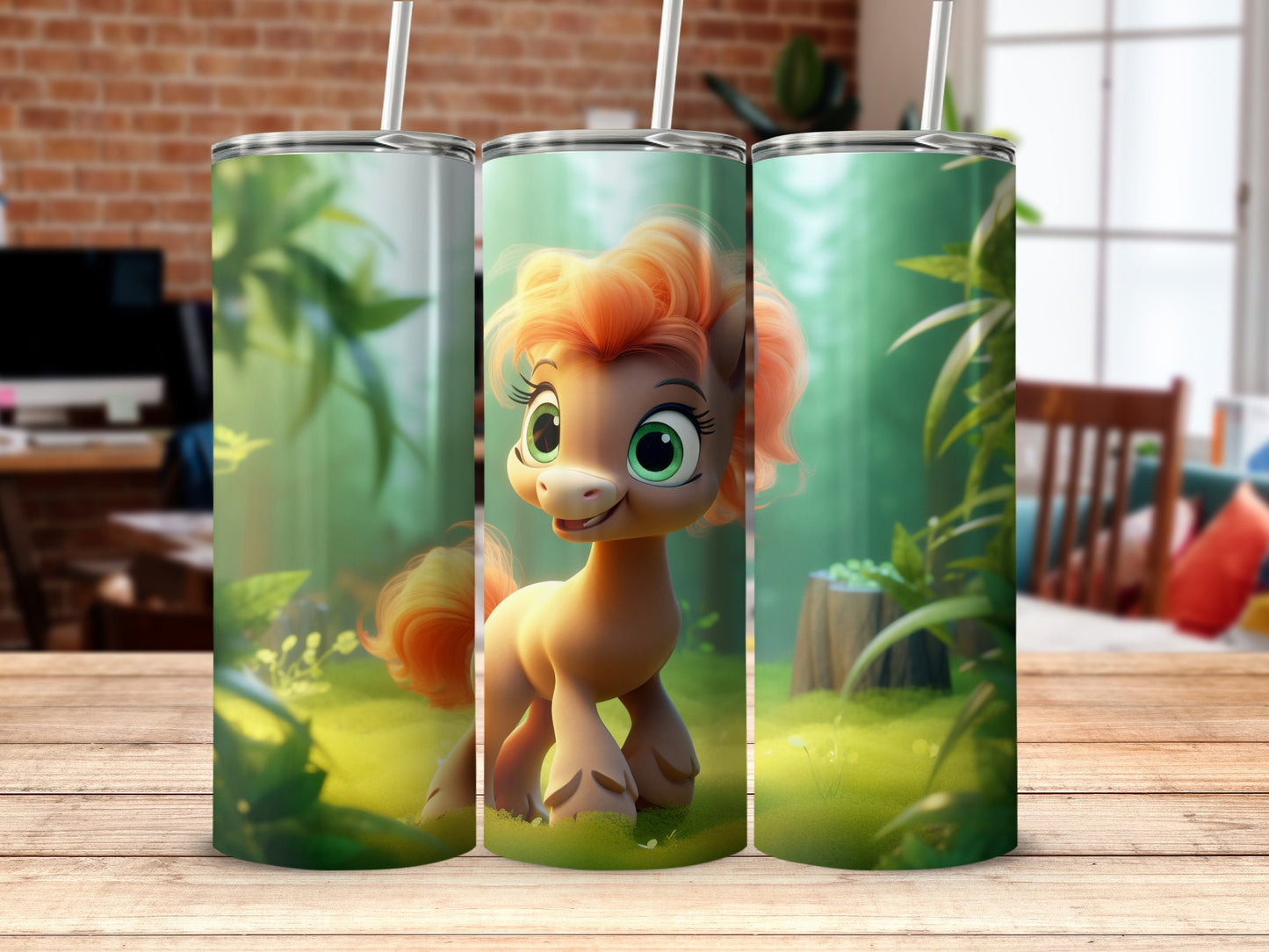 Adorable Cartoon Horse Green Forest Tumbler