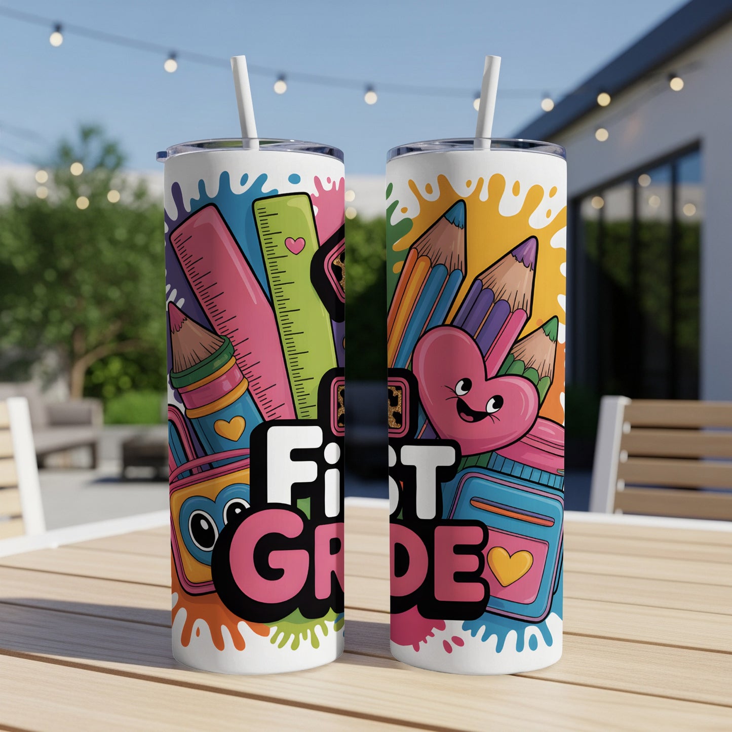 Two tumblers with colorful school supplies and "First Grade" text.