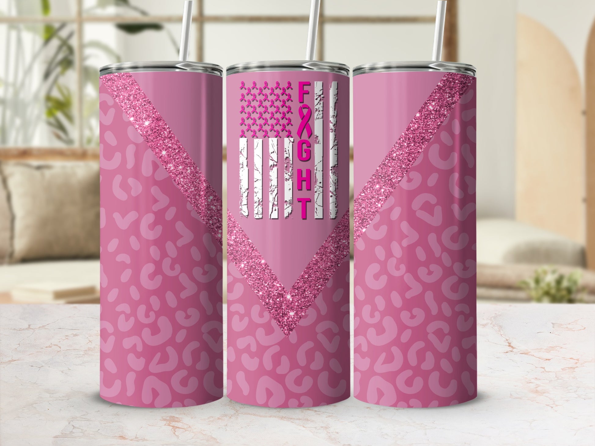 Pink tumbler with leopard print, glittery flag, and "FIGHT" text.