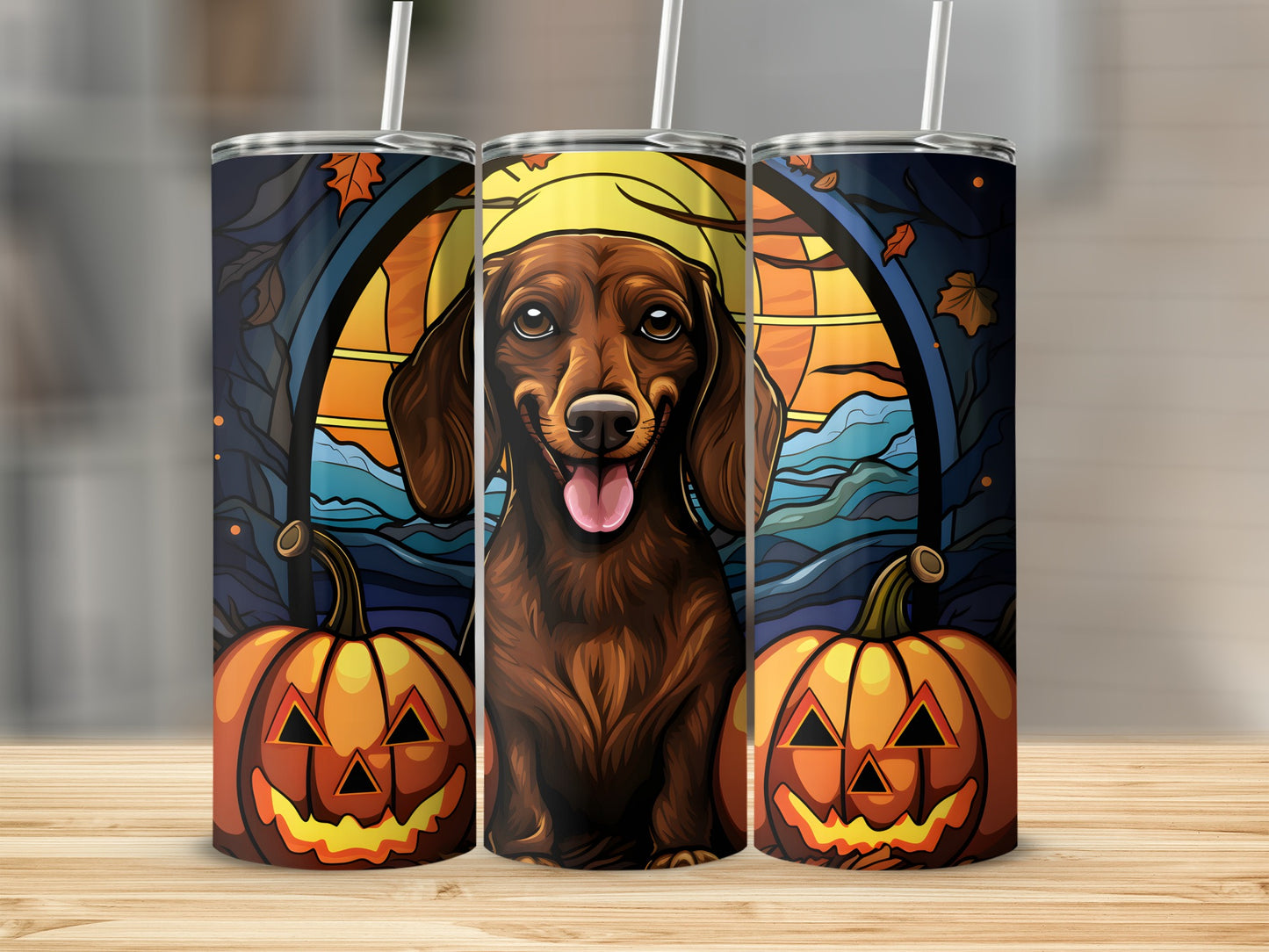 Three tumblers with a dachshund and pumpkins in a Halloween stained-glass design.
